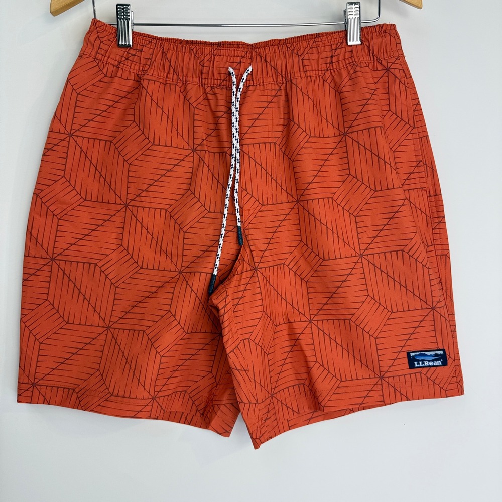 L.L. Bean Swim Trunks Mens Size M Orange Geometric Print Sorona 503781